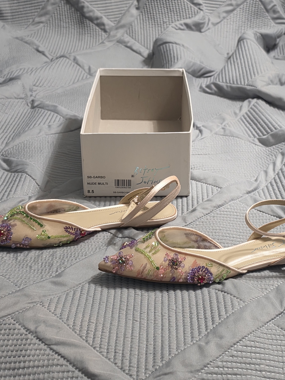 Betsey Johnson Garbo Jeweled Flats Women's US 8.5 Nude Multi Ankle Strap NEW